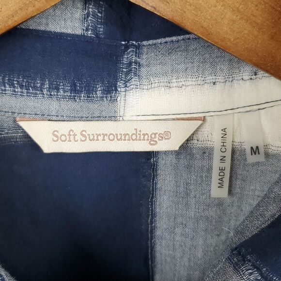 SOFT SURROUNDINGS Blue and White Plaid Pattern Floral Print Button Down Blouse - Picture 4 of 6